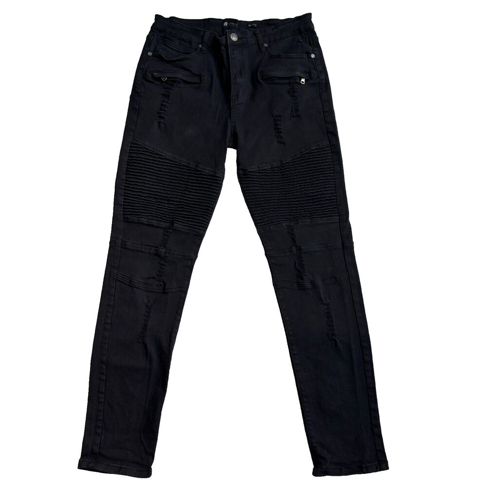 Waimea Black Skinny Biker Jeans 36x32 Distressed Moto Pleated Streetwear Premium